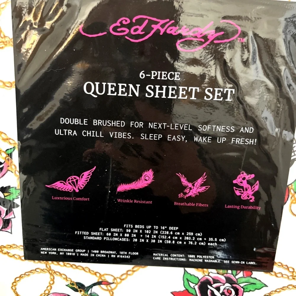 NWT Ed Hardy 6-Piece QUEEN Sheet Set Tattoo Skull Roses 4 Pillowcases